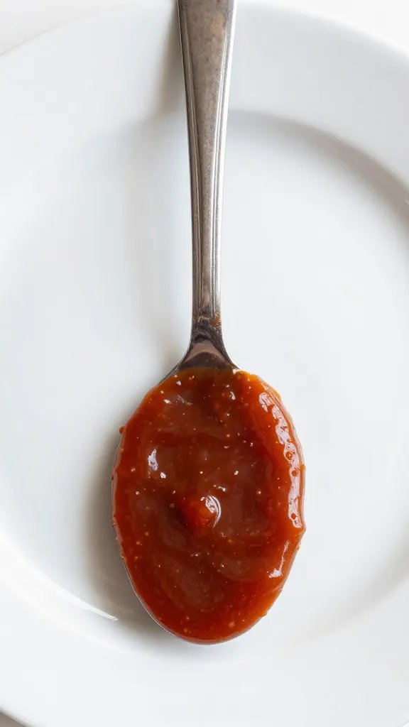 spoonful of bbq sauce against white ceramic plate