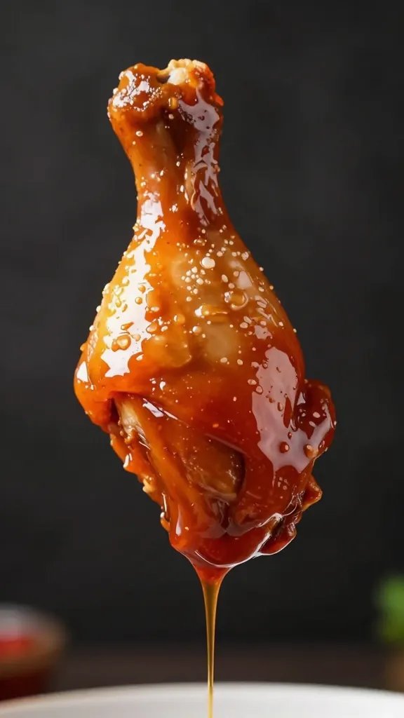 glossy BBQ mop sauce dripping from single chicken drumstick