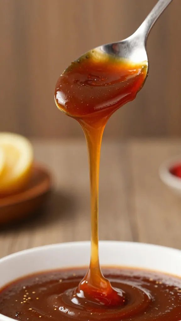spoon lifting ribbon of BBQ sauce, viscosity strands visible
