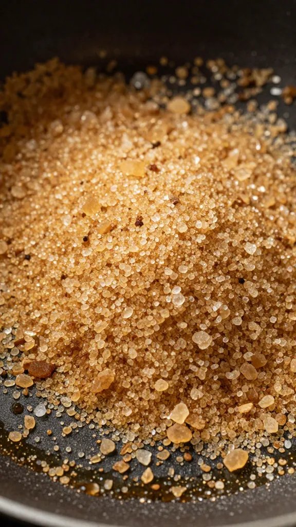 brown sugar crystals sprinkled over warm saucepan surface