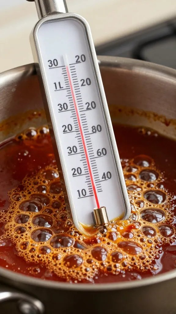 thermometer clipped to saucepan with bubbling barbecue sauce