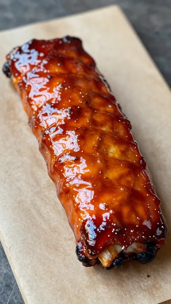 single rack rib end brushed with lacquered BBQ glaze