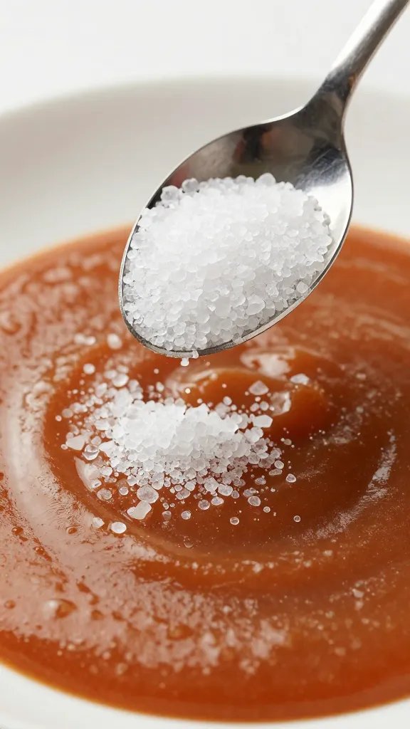 teaspoon of kosher salt above glossy sauce surface