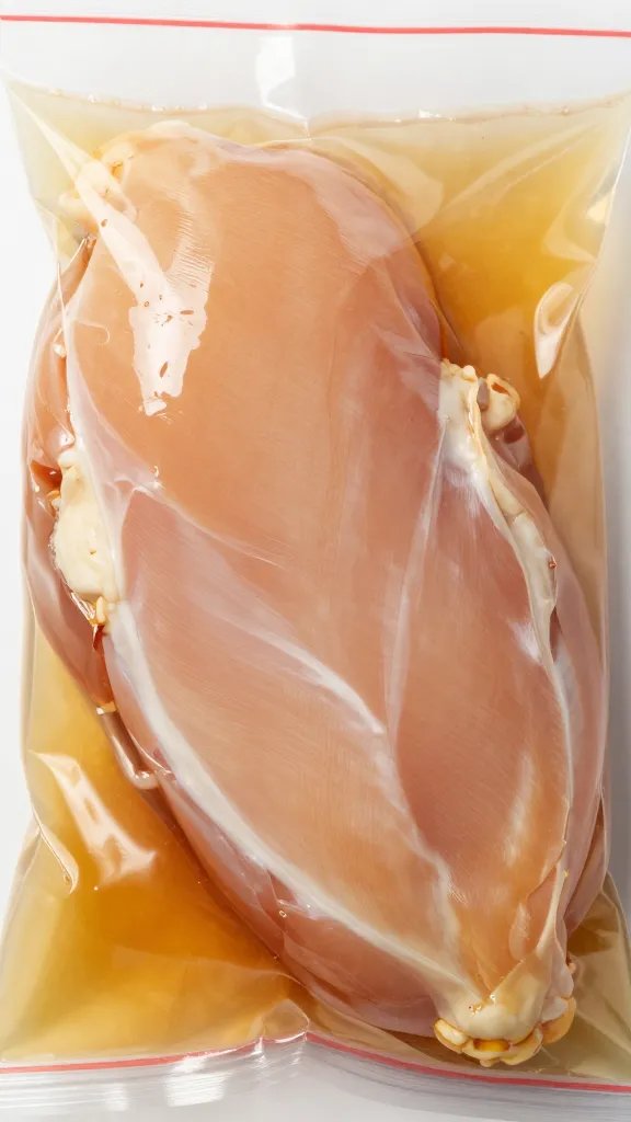closeup of raw chicken breast in zip bag marinade