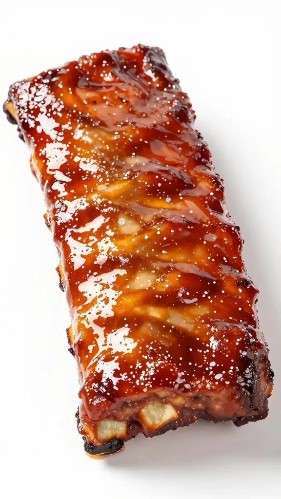 glossy baby back rib slab coated in soy-salt marinade