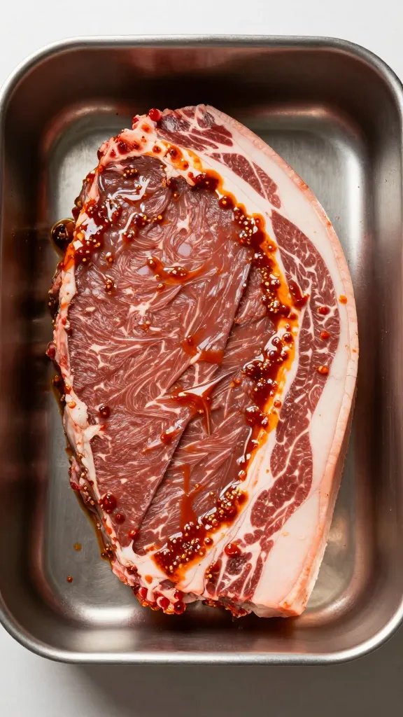 raw brisket flat in shallow pan with marinade