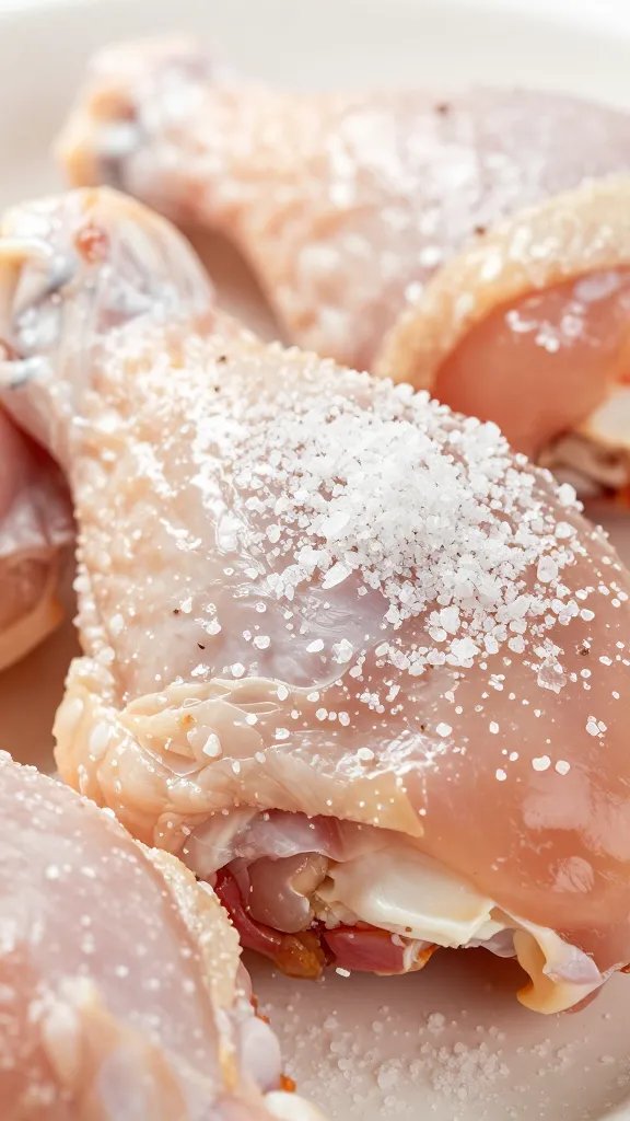 chicken thigh sprinkled with kosher salt, macro shot