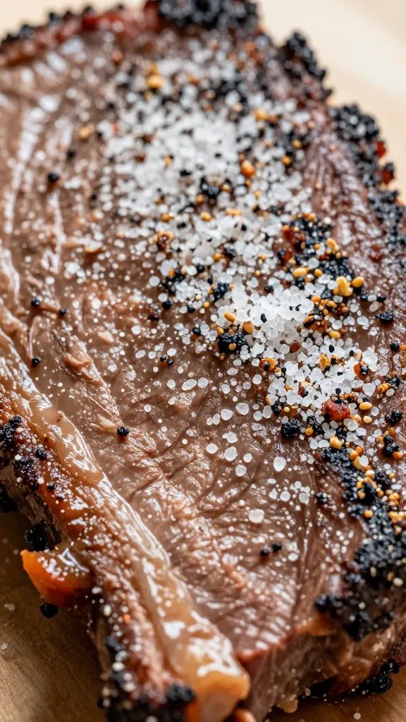 brisket point with coarse salt rub, tight closeup
