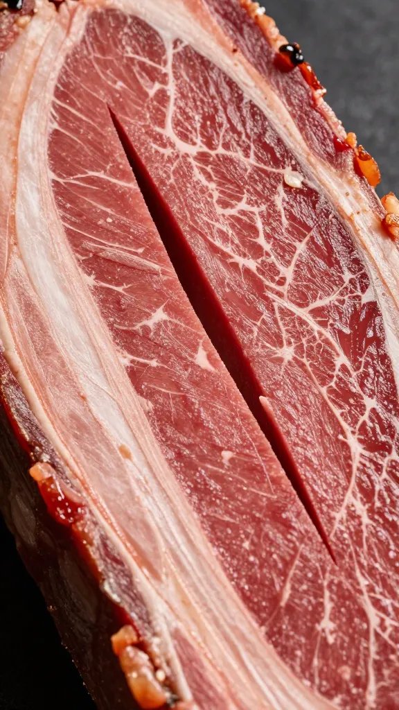 brisket grain direction marked with knife notch, macro