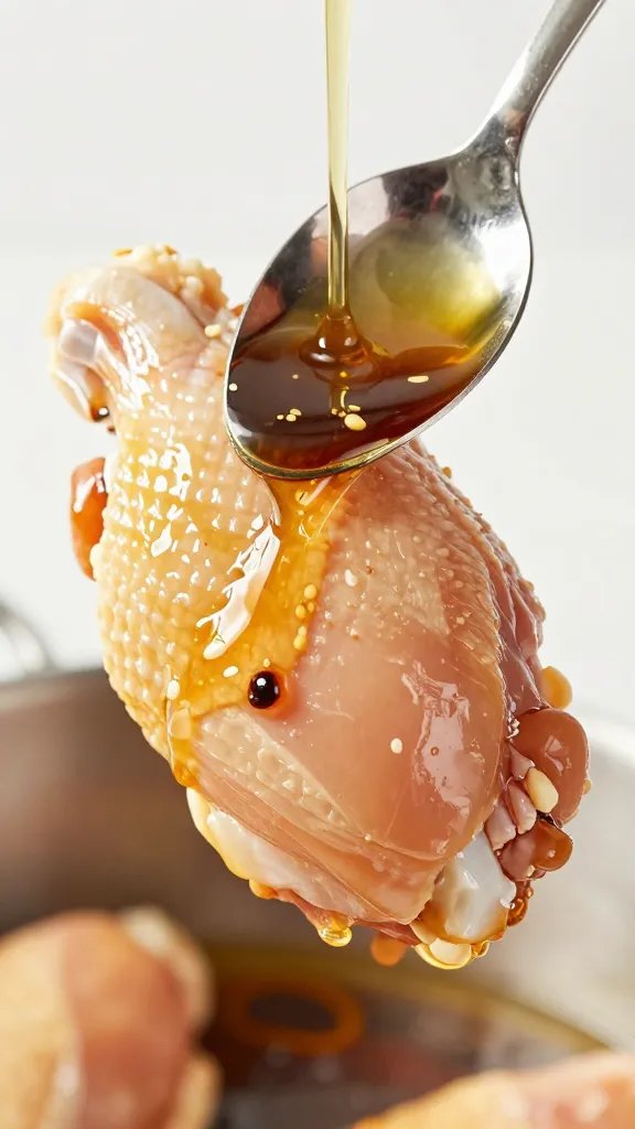 spoon drizzling marinade onto single chicken thigh closeup
