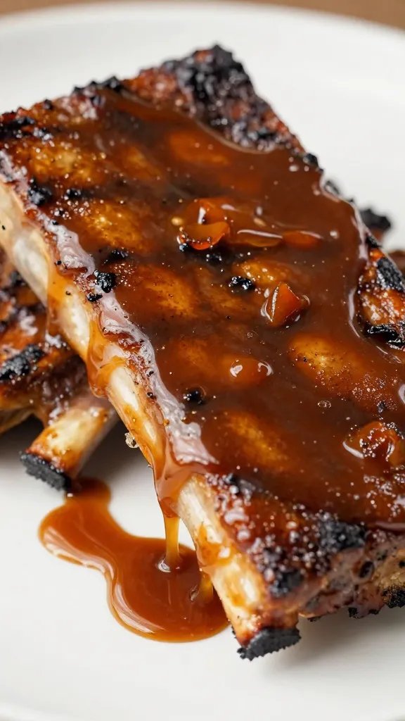caramelized barbecue sauce drip on grilled rib edge