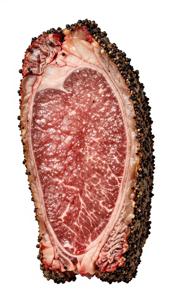 single beef brisket slice showing peppery bark