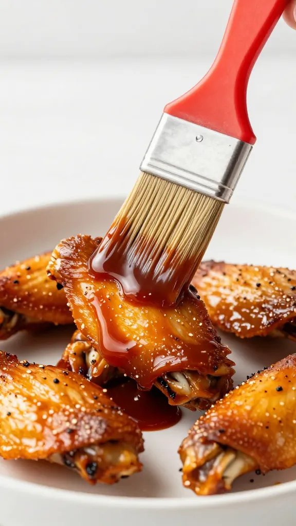 pastry brush glazing barbecue sauce on one wing