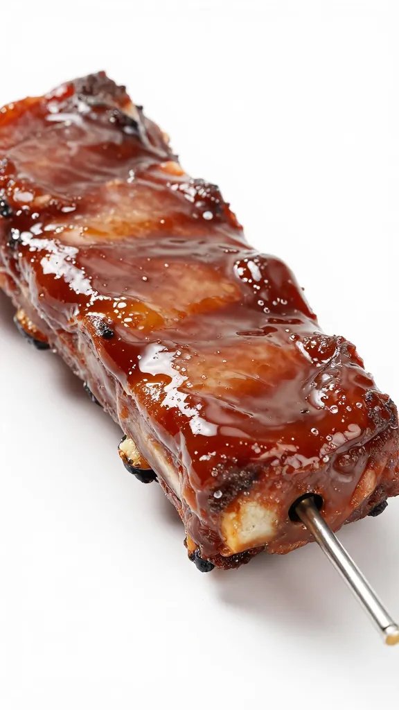 thermometer probe in sauced rib with glossy sheen
