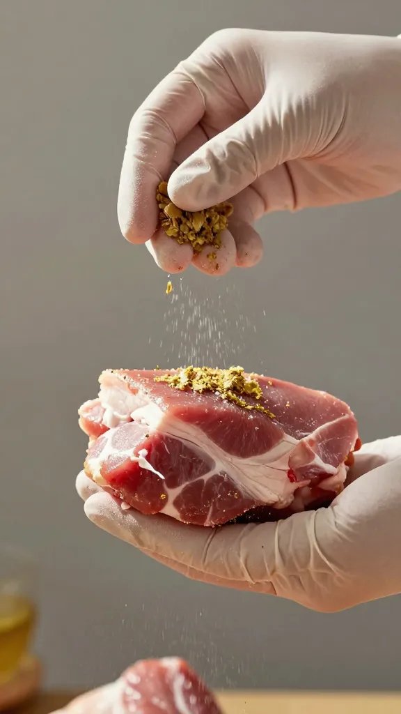 gloved hand sprinkling rub on one pork shoulder end