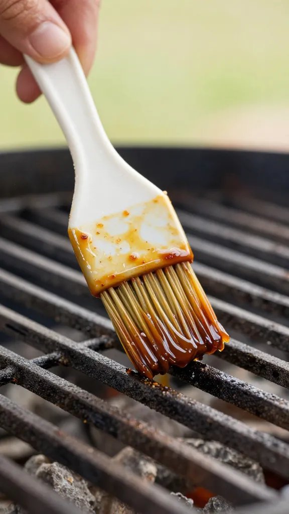 Mop sauce-soaked basting brush on grill grate