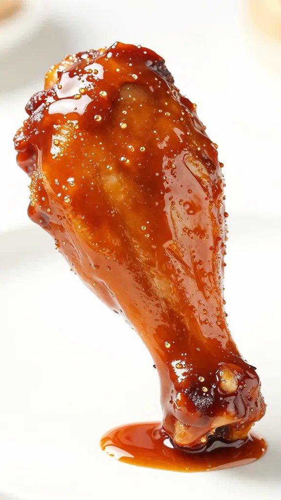 Thick molasses BBQ glaze caramelizing on drumstick