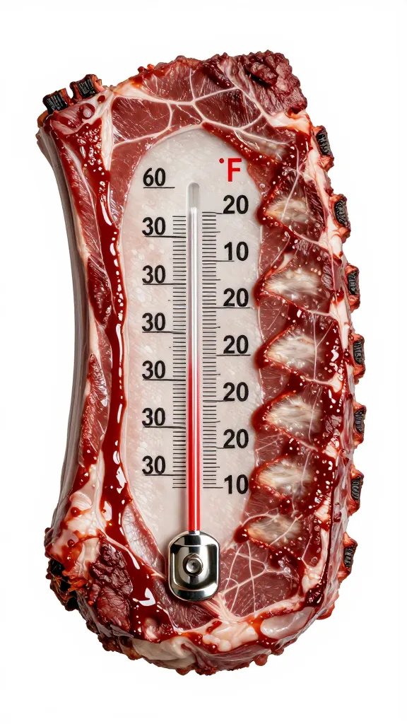 Thermometer reading 320°F beside sauced rib