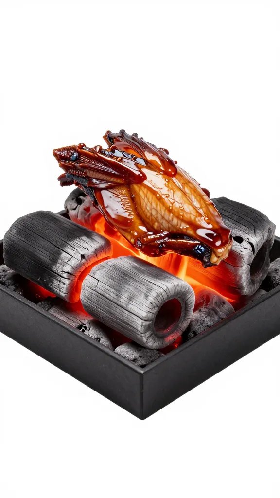 Low-heat charcoal ember bed under sauced wing