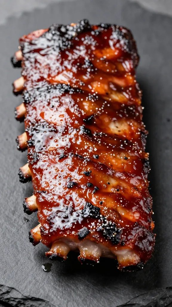 Glazed Kansas City ribs closeup on dark slate