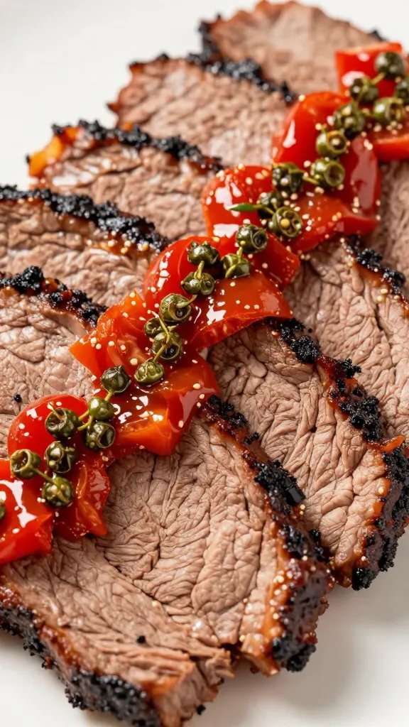 Sliced Texas brisket with peppery tomato glaze closeup