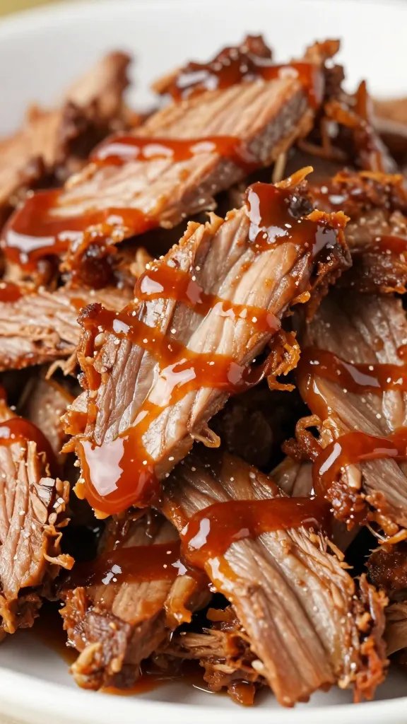 Pulled pork piled with Carolina vinegar sauce closeup