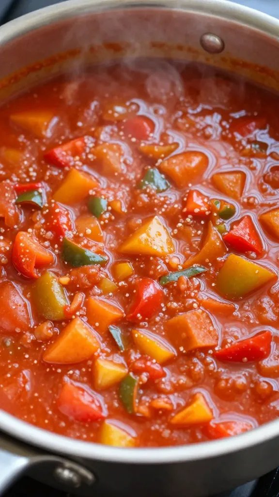 Saucepan of simmering Texas tomato-pepper sauce closeup