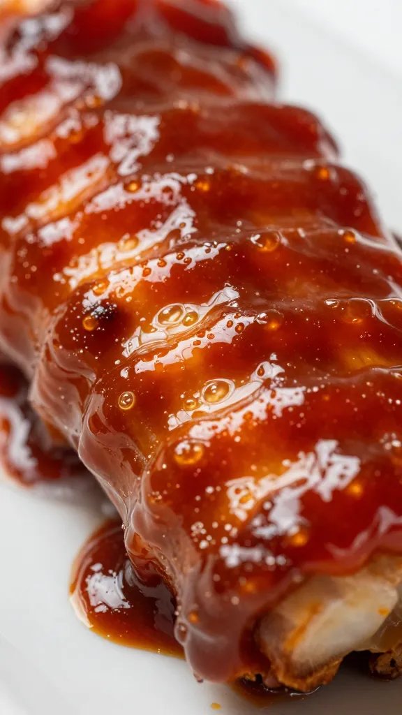 Single rib lacquered with Kansas City sauce closeup
