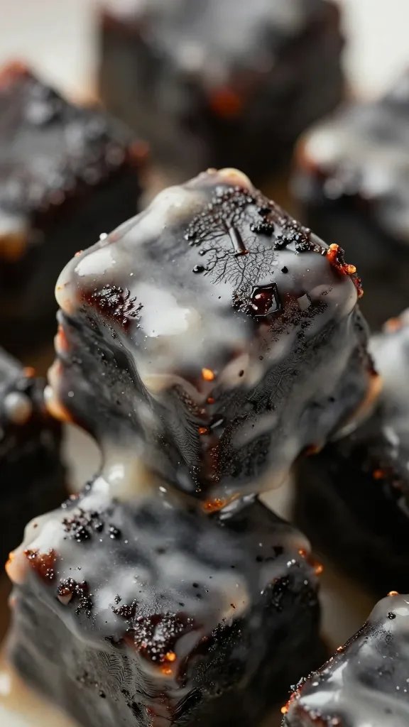 Burnt end cube coated in Kansas City glaze closeup