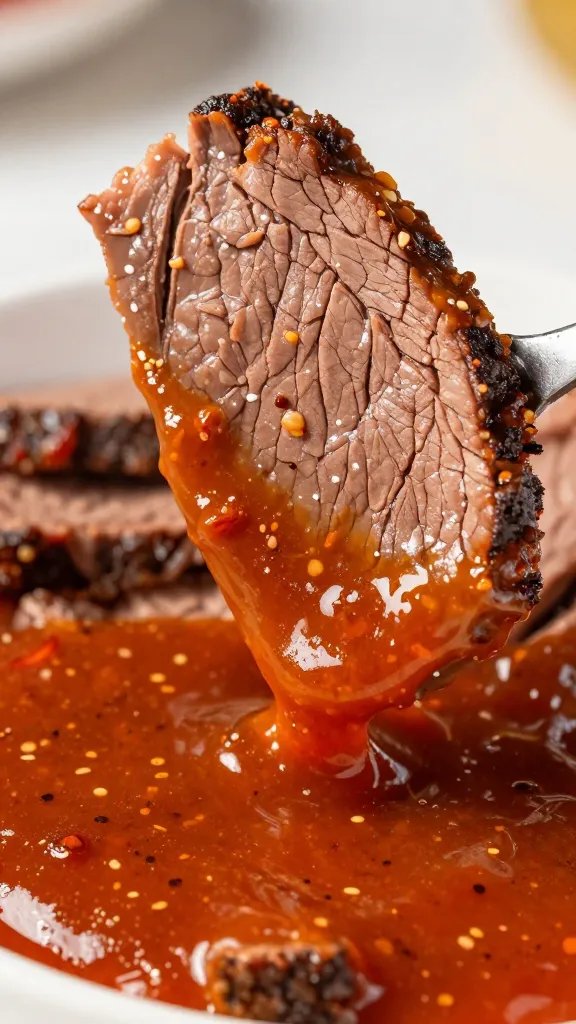 Beef slice dipped in spicy Texas sauce closeup