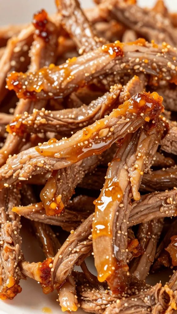 Pork shoulder shred glistening with Carolina vinegar closeup