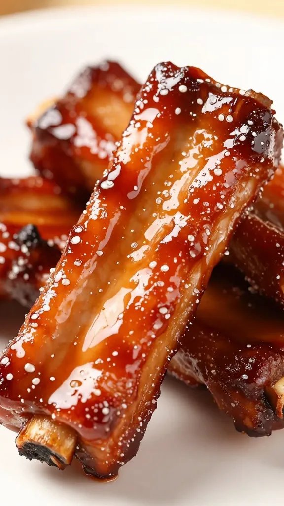 Glossy pork rib glazed with BBQ sauce, macro