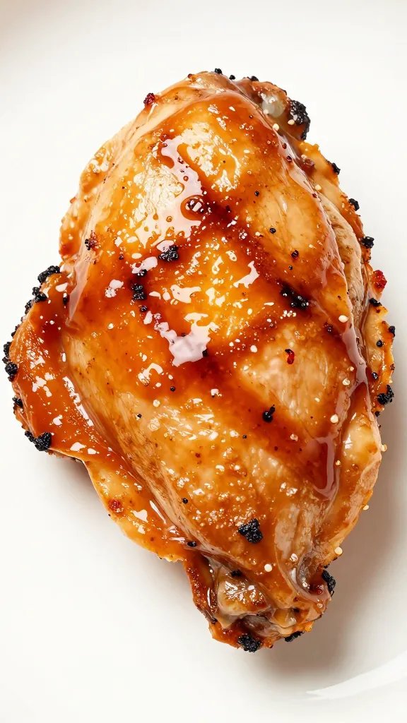 Single grilled chicken thigh brushed with sauce, closeup
