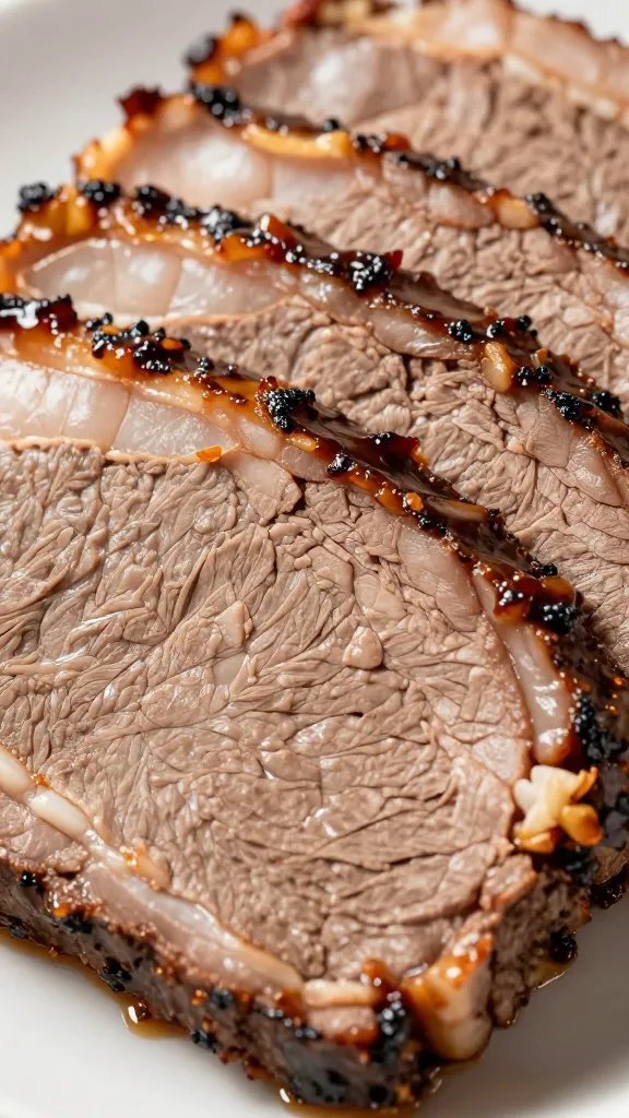 Sliced brisket end with sauce sheen, tight shot