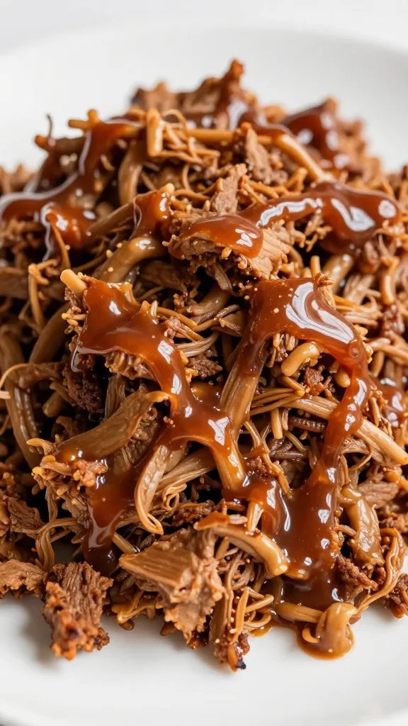 Pulled pork mound with sauce drizzle, macro