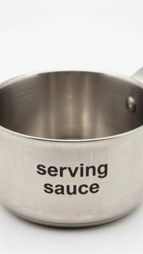 Stainless sauce cup labeled “serving sauce,” closeup