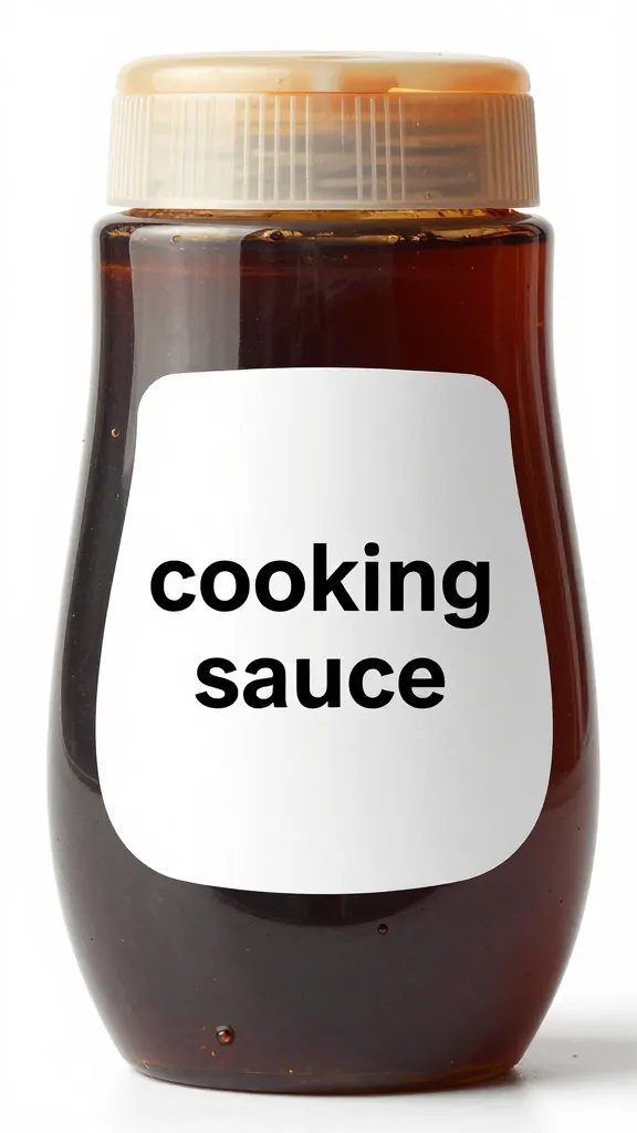 Squeeze bottle labeled “cooking sauce,” studio closeup