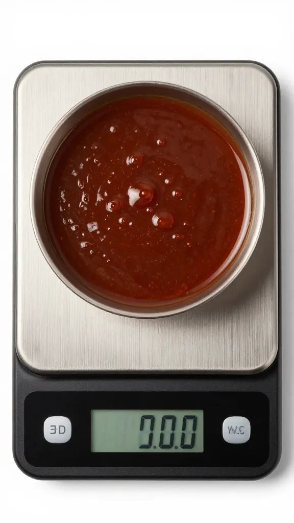 Digital kitchen scale weighing BBQ sauce, top-down