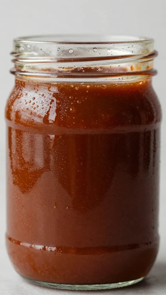 Mason jar of homemade BBQ sauce, condensation, closeup