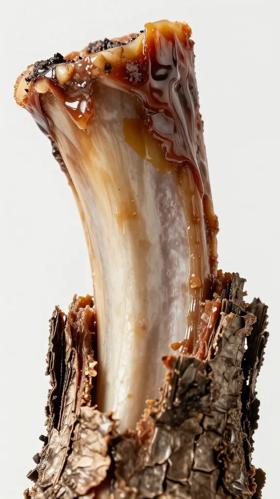 Sticky rib bone with lacquered bark, extreme closeup