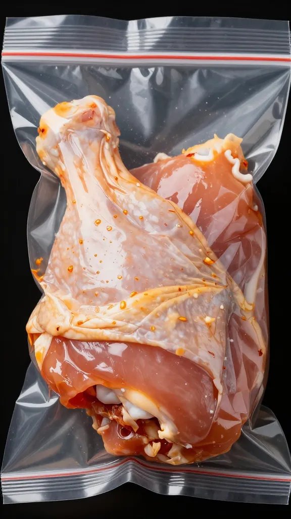 Closeup single marinated chicken thigh in zip-top bag
