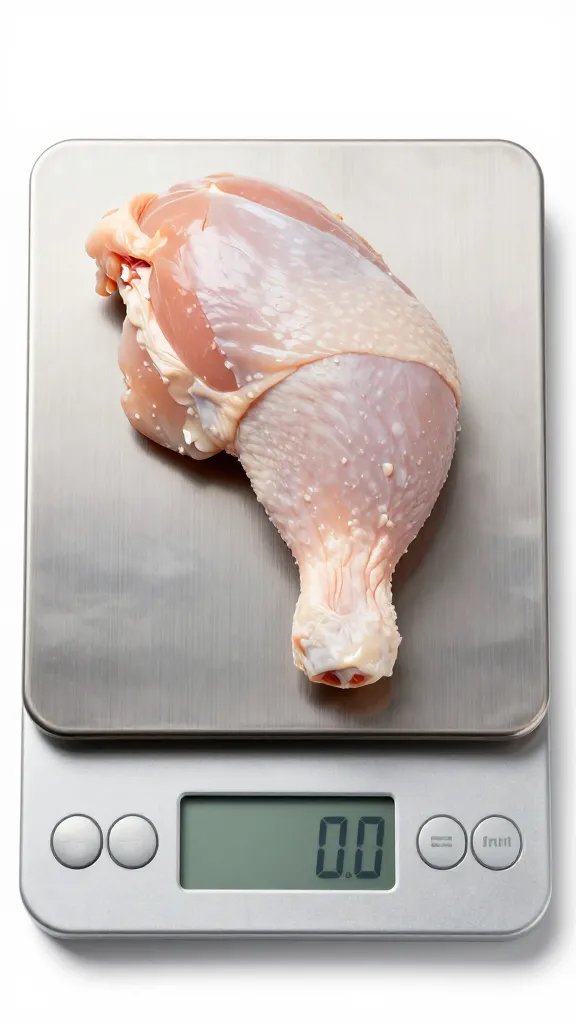 Single raw 8-oz chicken thigh on digital scale