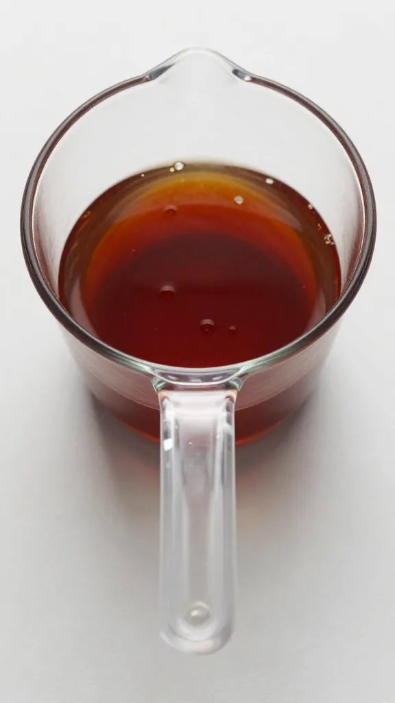 Measuring cup with 1/3 cup marinade, overhead