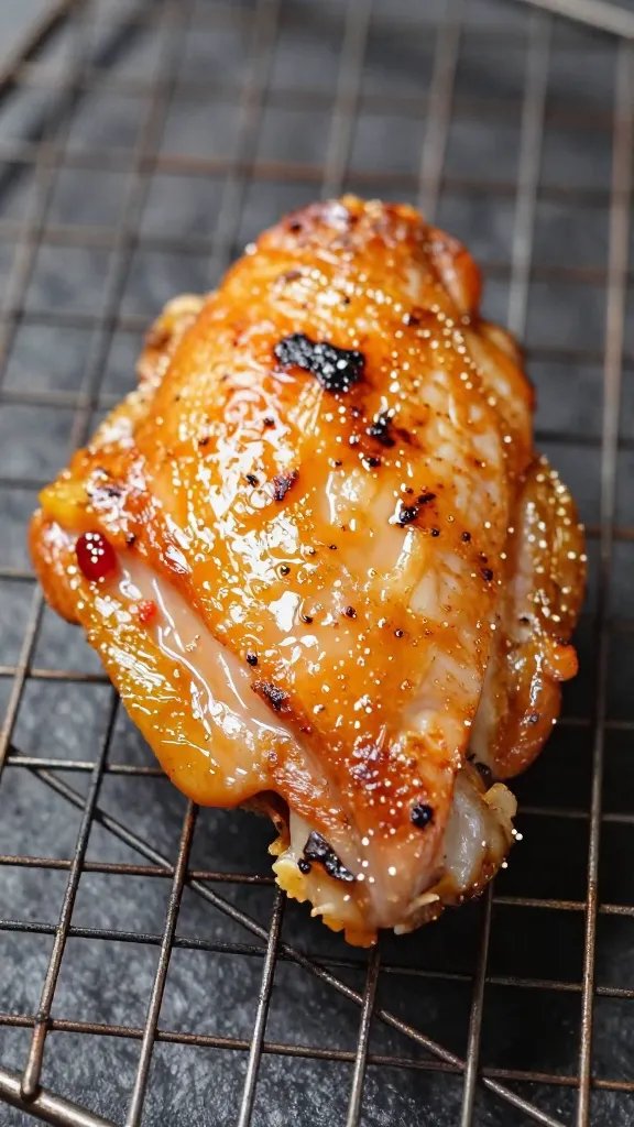 Single grilled chicken thigh on wire rack, resting