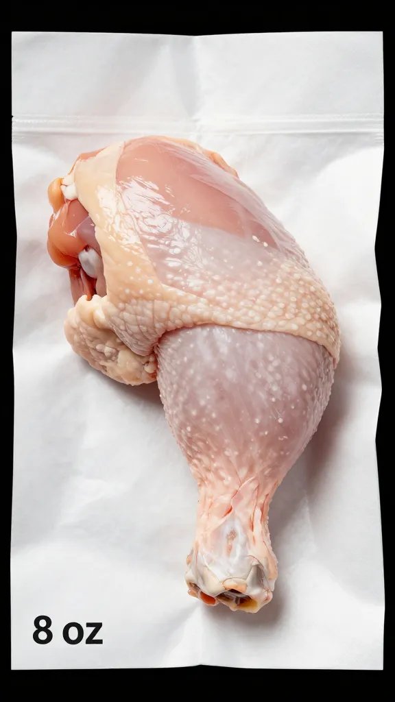 Single boneless chicken thigh labeled “8 oz” on butcher paper