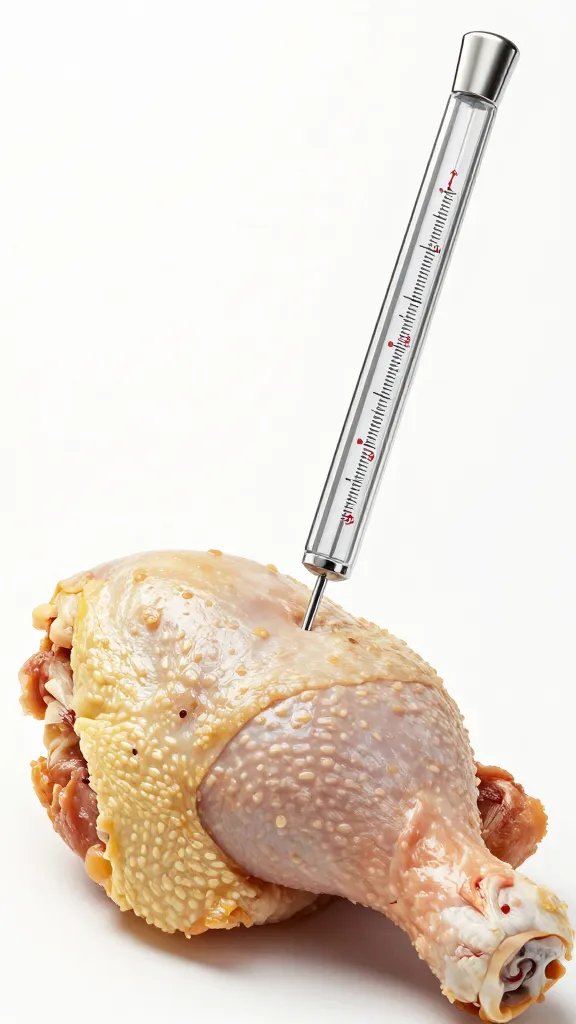 Food thermometer inserted into one cooked chicken thigh