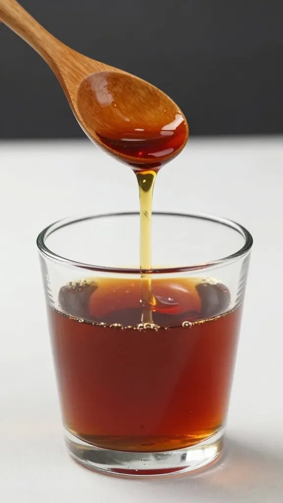 Single wooden spoon dripping marinade into glass cup