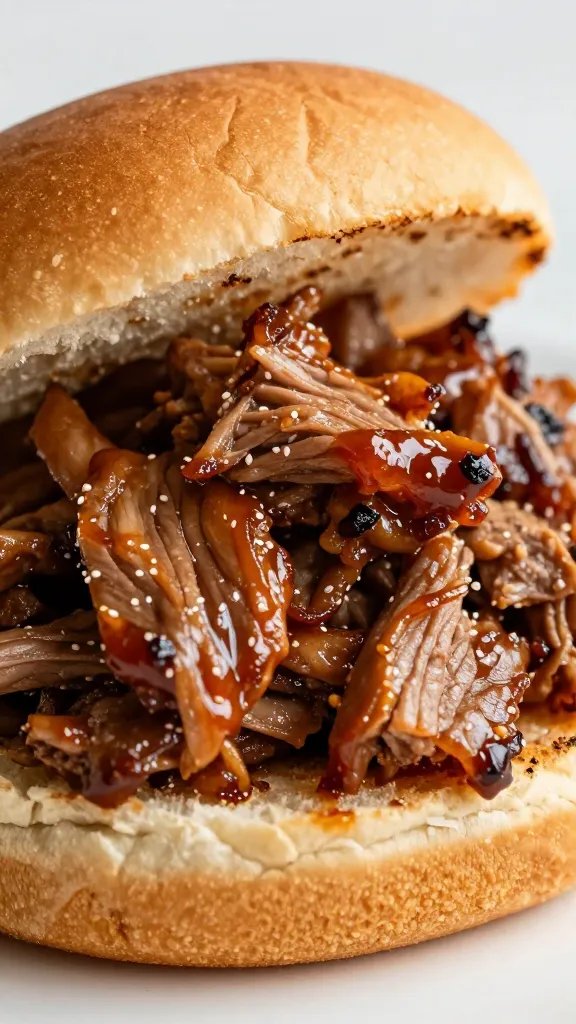 Glazed pulled pork mound on brioche bun, closeup