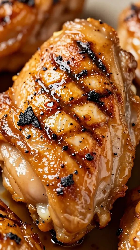 Grilled chicken thigh with char marks, macro shot