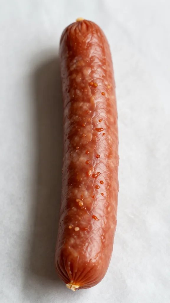 Single smoked sausage link on butcher paper, closeup